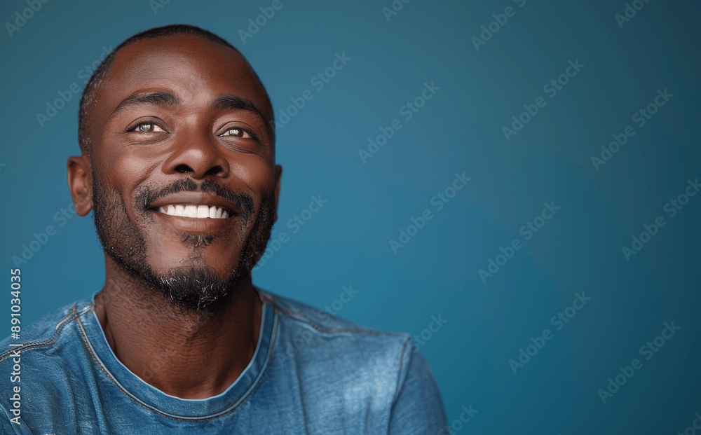 Fototapeta premium Happy smiling bald African American man laughing in bright blue shirt isolated on cyan background studio shot