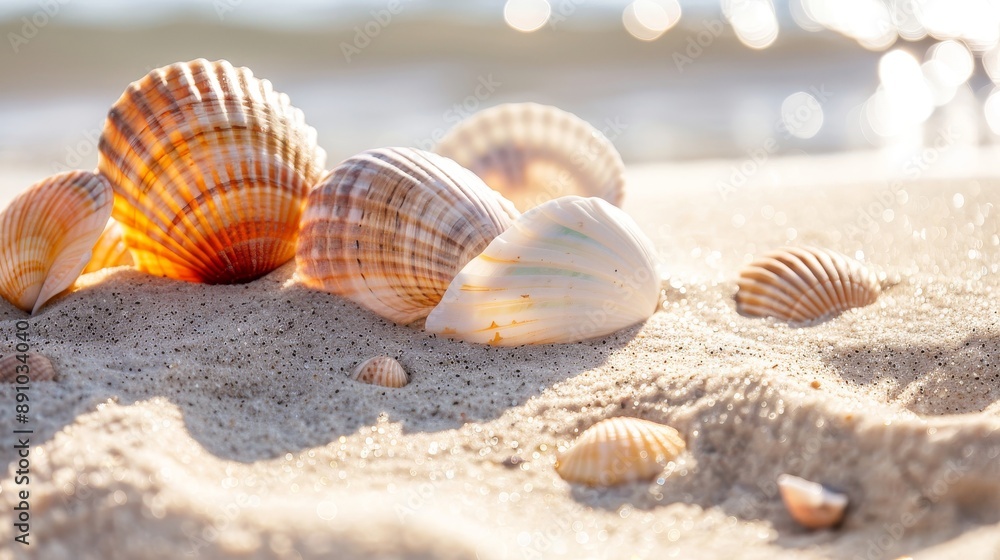sunlit beach with colorful seashells and textured sand dunes sunlit beach with colorful seashells and textured sand dunes