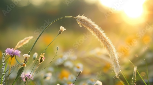 sunlit field with colorful flowers and textured grasses