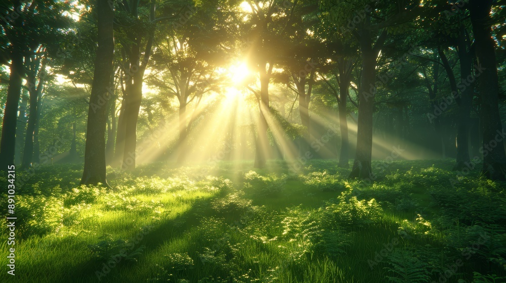Obraz premium Sunbeams Streaming Through Forest Trees