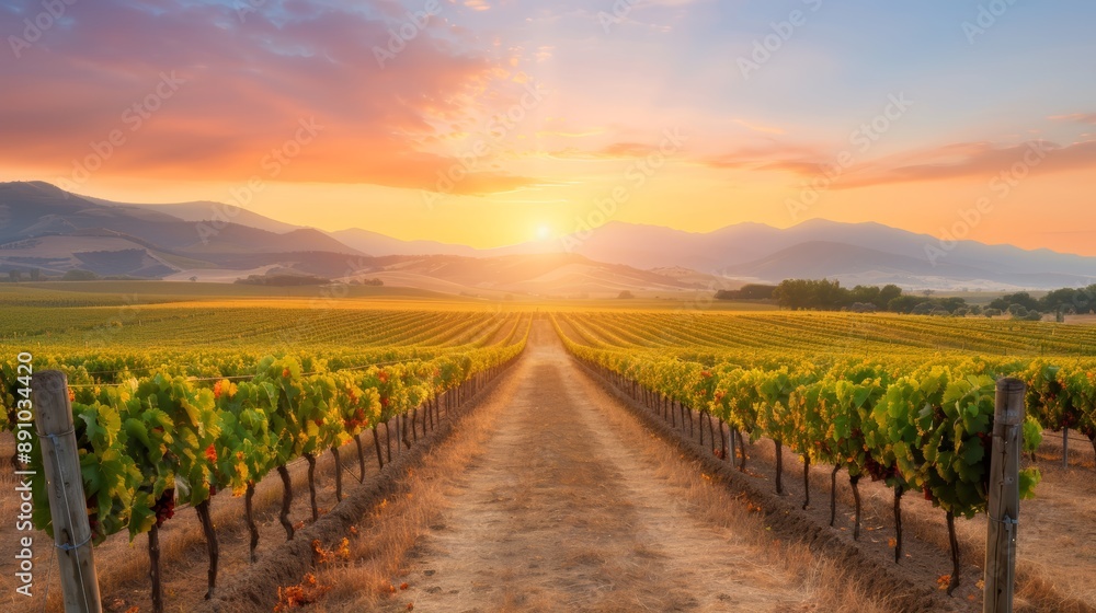 Fototapeta premium Vineyard Rows at Sunset in Countryside