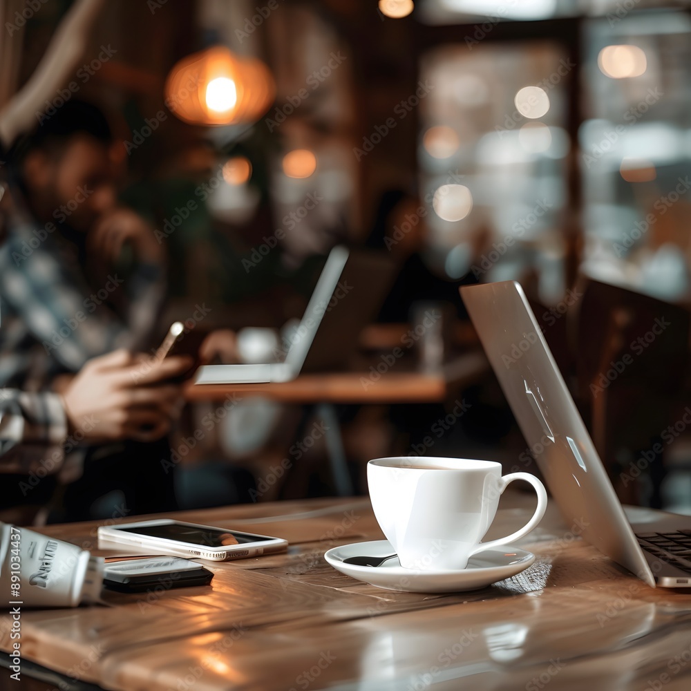 Young professional using a laptop and smartphone in a stylish cafe, with a cup of coffee. Young professional using a laptop and smartphone in a stylish cafe, with a cup of coffee.
