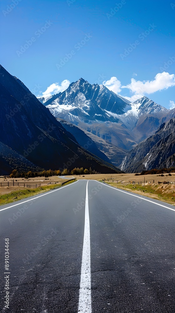 Smooth asphalt road with majestic mountain peaks and clear blue sky Smooth asphalt road with majestic mountain peaks and clear blue sky