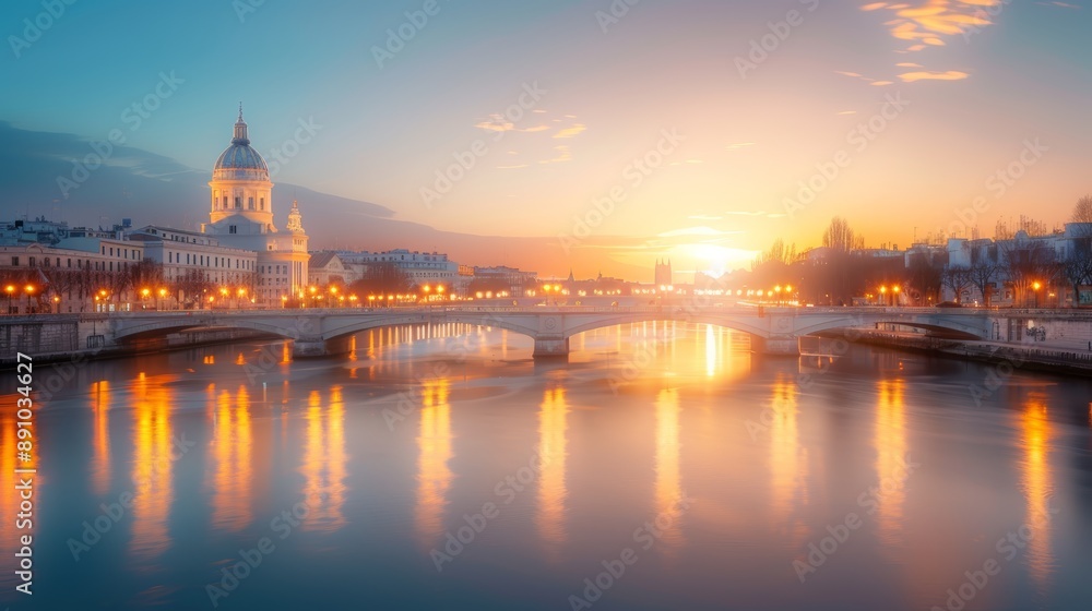 Fototapeta premium Sunset Over Paris River with Bridge