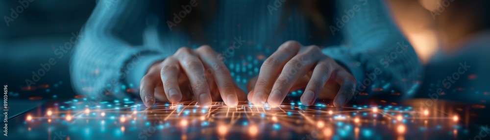 Hands Typing on Futuristic Digital Interface Hands Typing on Futuristic Digital Interface
