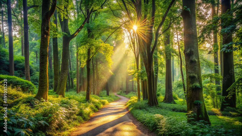 Obraz premium Serene winding forest path surrounded by towering trees and lush greenery, dappled with warm sunlight, invites exploration and connection with nature's tranquility.