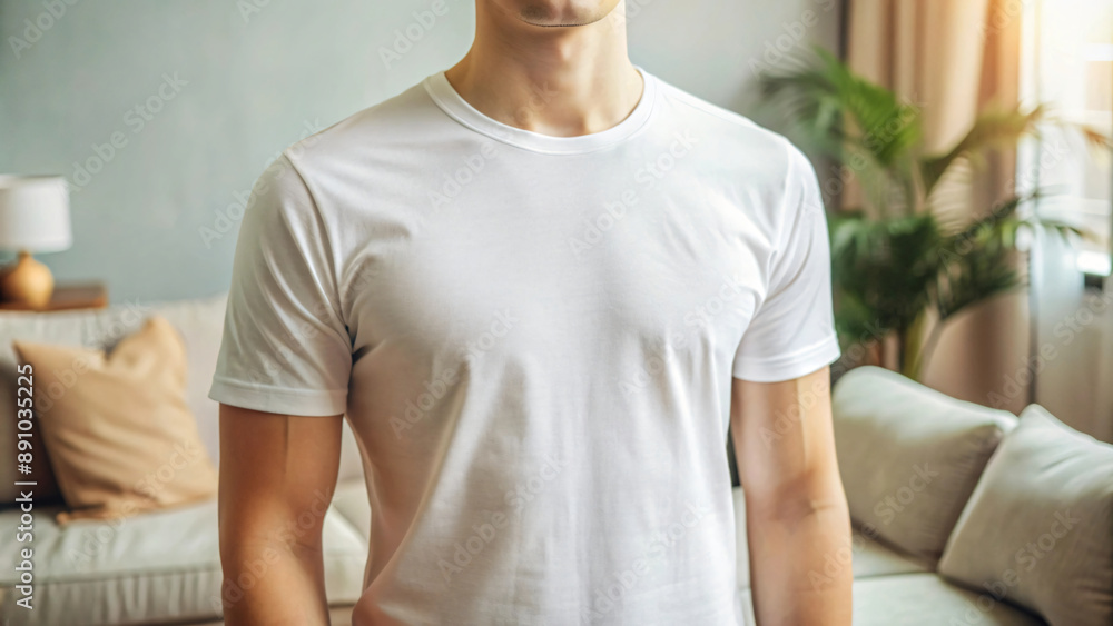 Fototapeta premium man in a white mockup t shirt on living room