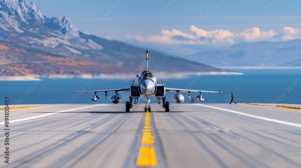 Obraz premium Fighter Jet on Runway with Mountain View