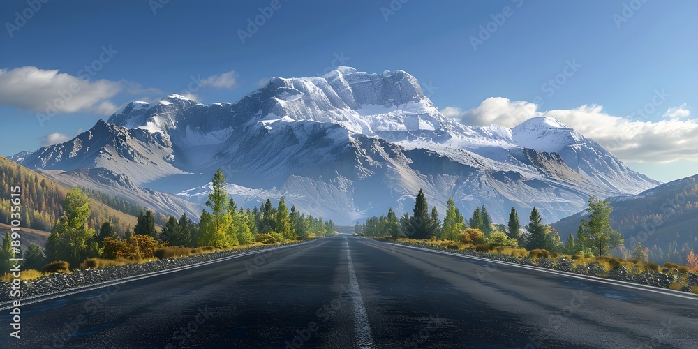 Fototapeta premium Smooth asphalt road with majestic mountain peaks and clear blue sky