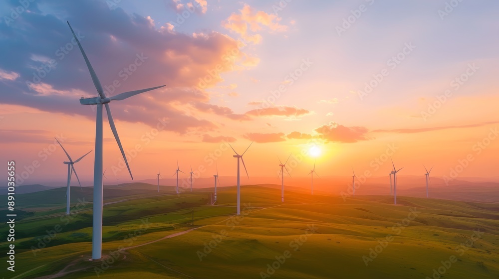 Wind Turbines on Rolling Hills at Sunset Wind Turbines on Rolling Hills at Sunset