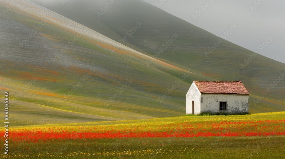 A colorful field with a small house in the middle. The house is surrounded by a green field and the sky is blue A colorful field with a small house in the middle. The house is surrounded by a green field and the sky is blue