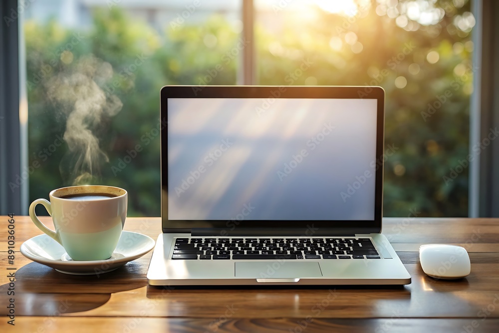 Fototapeta premium Laptop, Coffee, and Mouse on Wooden Desk.