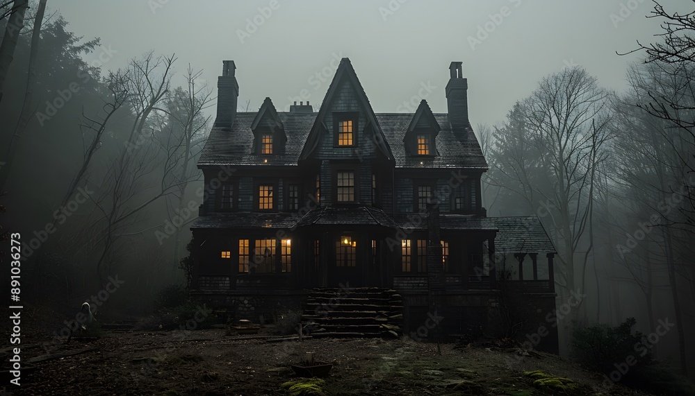 A large, dark house with lit windows stands in a foggy forest A large, dark house with lit windows stands in a foggy forest