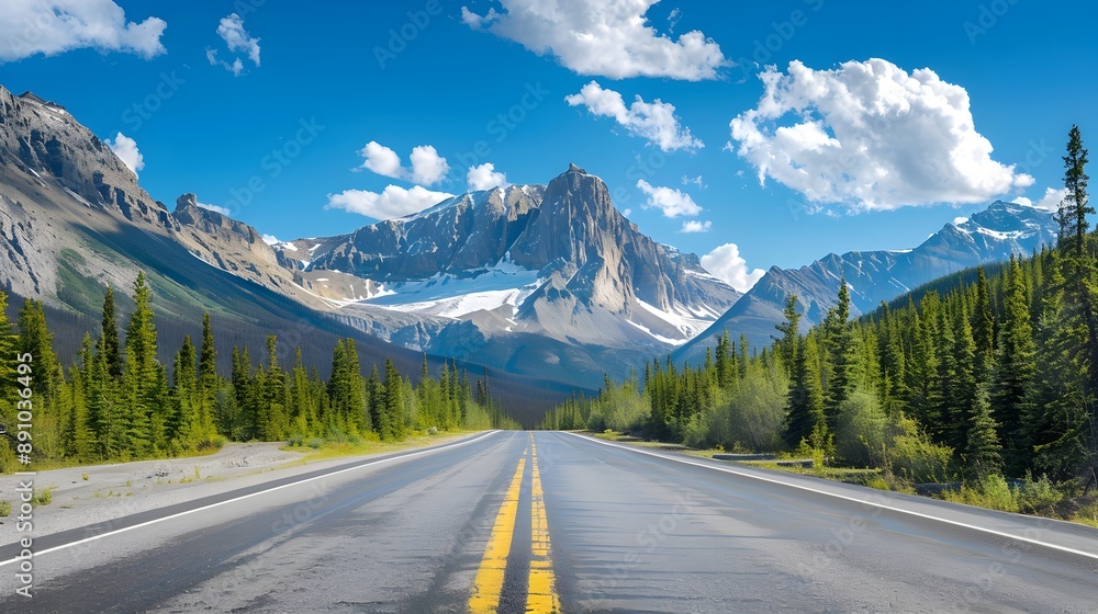 Fototapeta premium Smooth asphalt road with majestic mountain peaks and clear blue sky