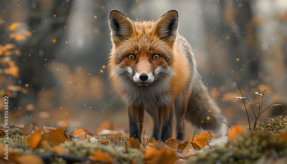Fototapeta premium A red fox stares intently at the camera, standing in a bed of fall leaves with a soft, out-of-focus background