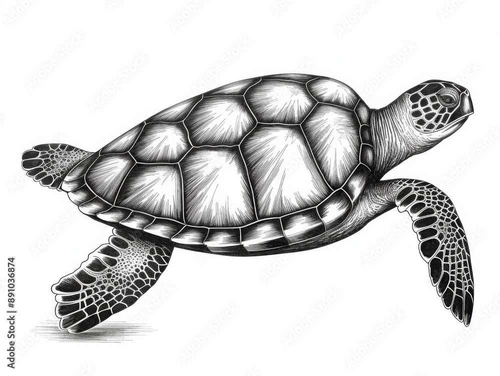 Black and white Vintage engraved art of a sea turtle isolated on white ...
