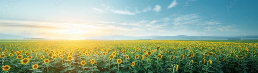 Fototapeta premium Sunflower Field at Sunrise with Clear Sky