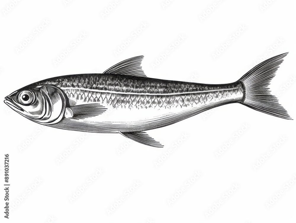 Fototapeta premium Black and white Vintage engraved art of a sardine isolated on white background, ink sketch illustration, simple vector art design, highly detailed line art, high contrasty