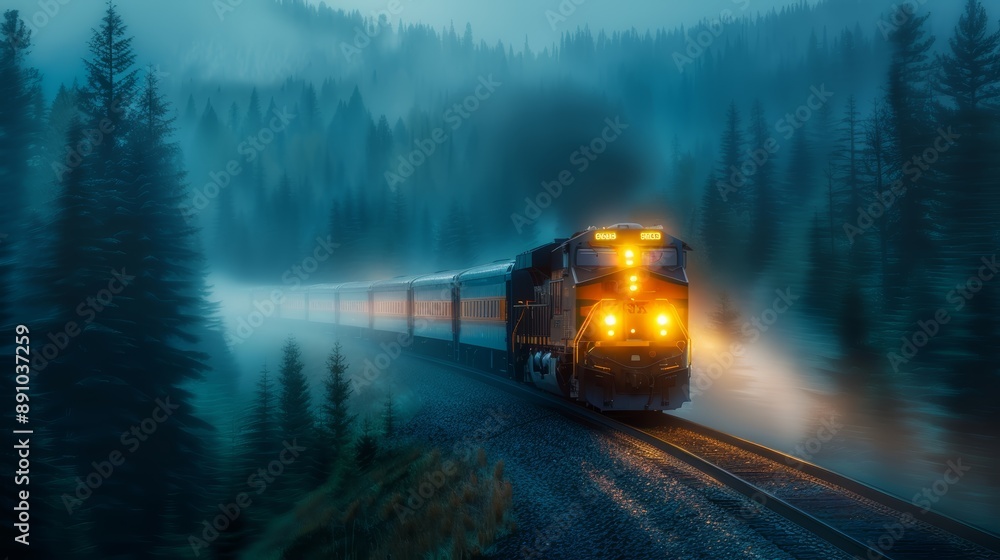 Train Passing Through Foggy Forest Train Passing Through Foggy Forest