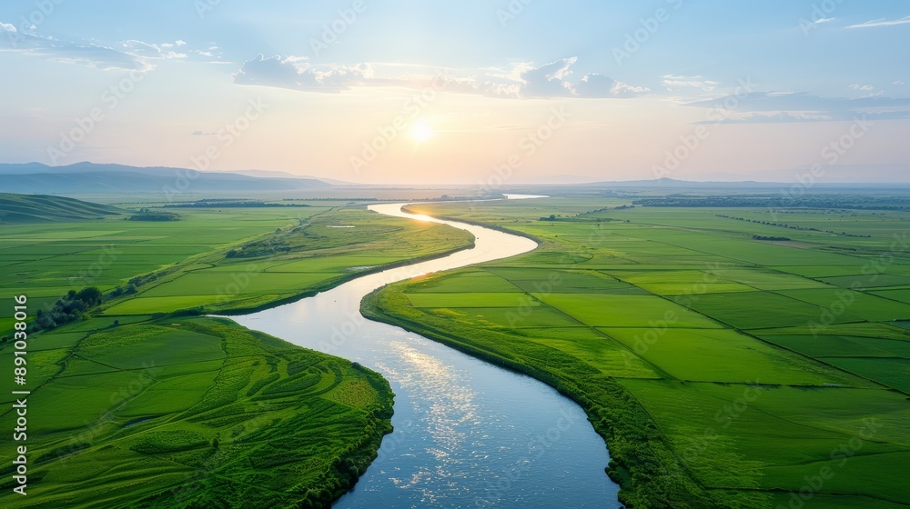 Serene River Winding Through Green Fields Serene River Winding Through Green Fields