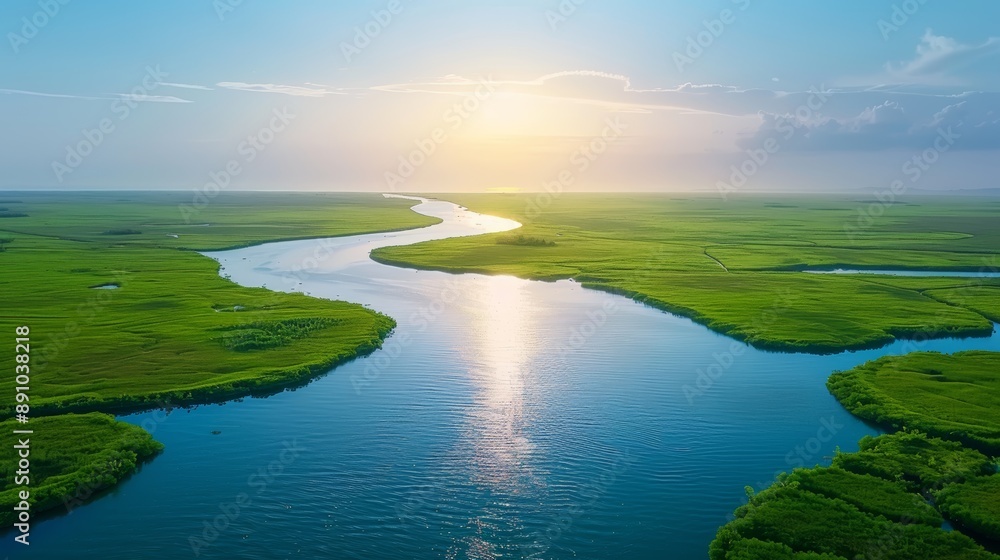 Fototapeta premium Serene River Winding Through Green Fields