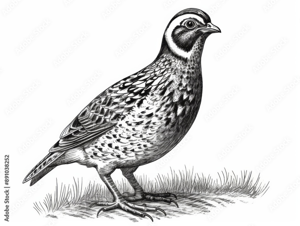 Fototapeta premium Black and white Vintage engraved art of a quail isolated on white background, ink sketch illustration, simple vector art design, highly detailed line art, high contrasty 