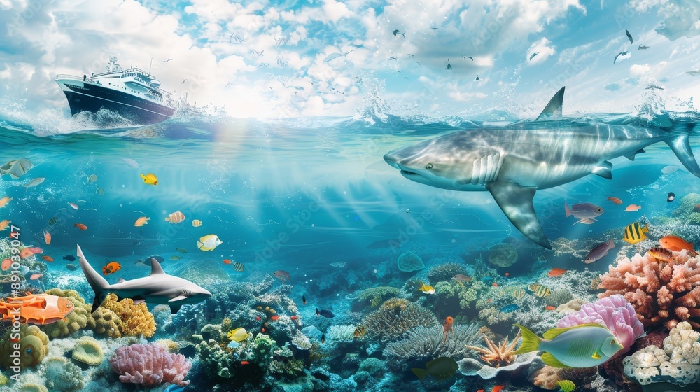 Fototapeta premium An underwater kingdom with vibrant coral reefs, diverse sea life, and an ancient sunken ship, a glimpse into the mysteries of the ocean depths