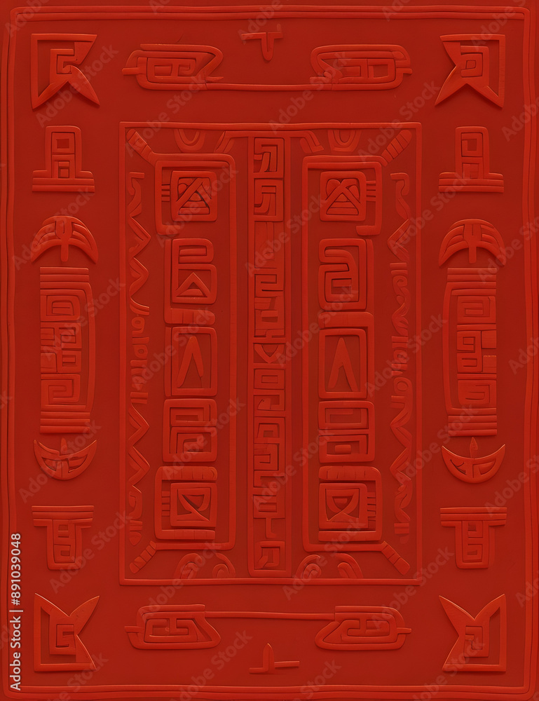 A seamless pattern with motifs from traditional Chinese lattice windows, using repetitive geometric shapes and a palette of red, gold, and black.

