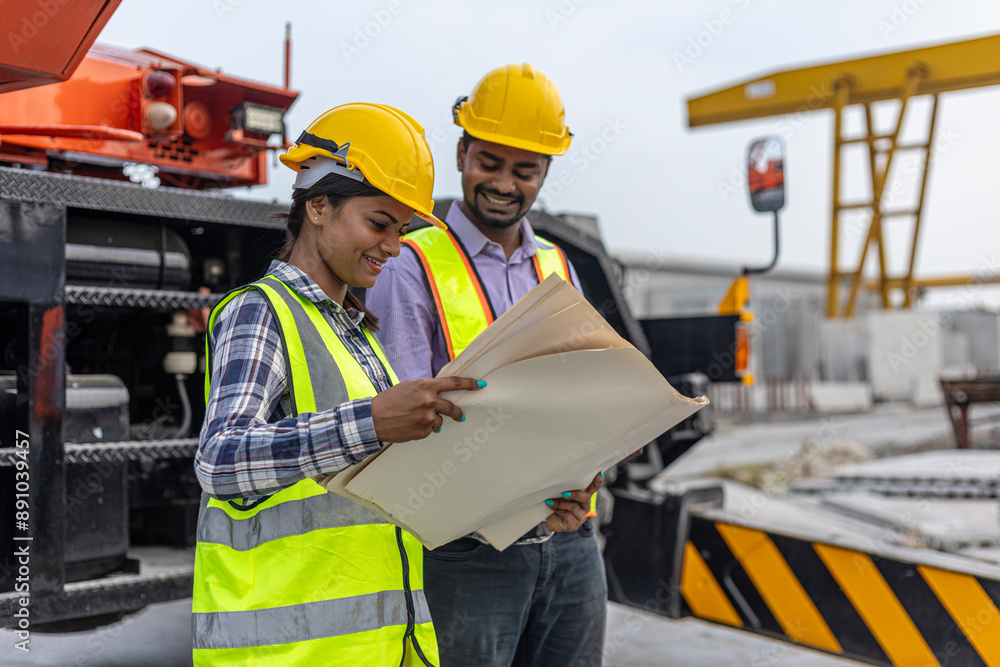 Two civil engineers are in safety uniform standing next to a heavy machine or tractor checking progress over a construction site. Coworkers have a conversation in a factory. Two civil engineers are in safety uniform standing next to a heavy machine or tractor checking progress over a construction site. Coworkers have a conversation in a factory.