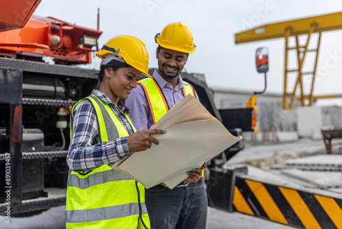 Two civil engineers are in safety uniform standing next to a heavy machine or tractor checking progress over a construction site. Coworkers have a conversation in a factory.