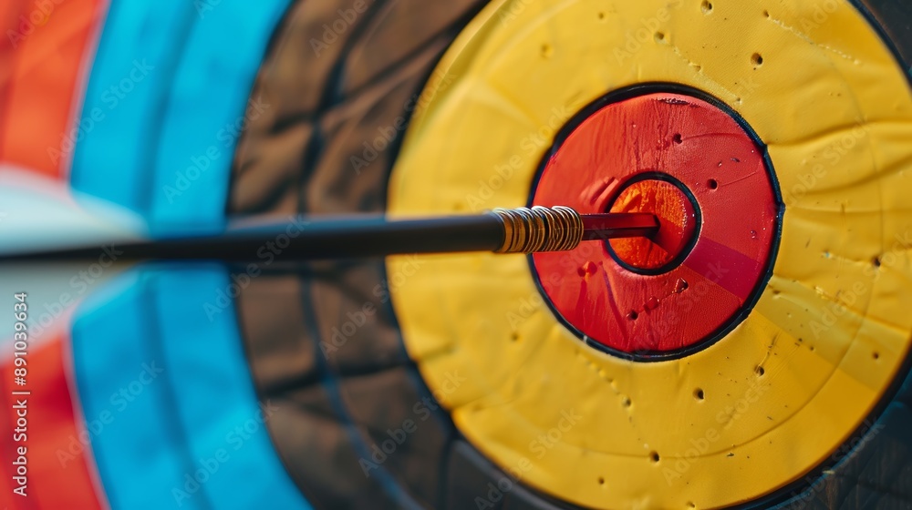 Close-up of a precise arrow hitting the center of a vibrant bullseye target, sharp focus on arrow and target, blurred background, competition setting Close-up of a precise arrow hitting the center of a vibrant bullseye target, sharp focus on arrow and target, blurred background, competition setting