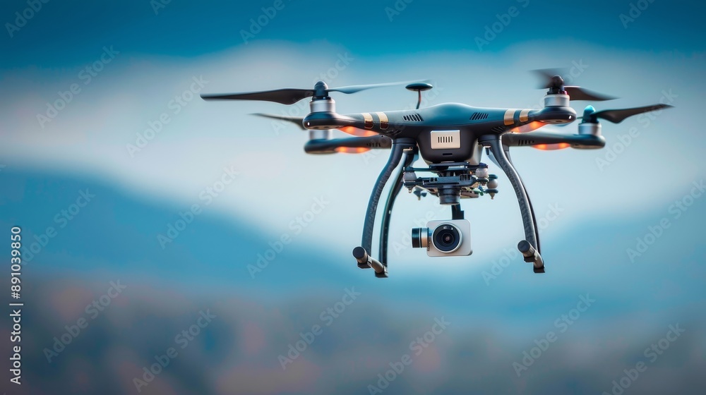 A high-tech drone in mid-flight, showing its various parts including propellers, camera, and sensors, with a focus on its advanced engineering A high-tech drone in mid-flight, showing its various parts including propellers, camera, and sensors, with a focus on its advanced engineering