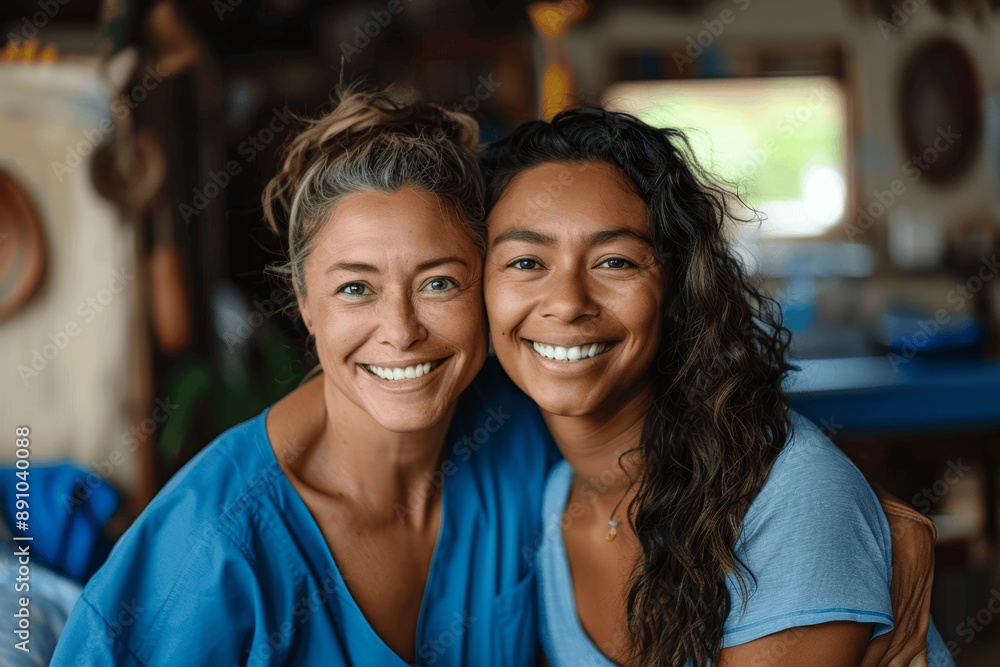 Smiling nurse and patient in home care setting, multiethnic women in blue scrubs, senior and medical worker portrait, healthcare and support at home, realistic photography Smiling nurse and patient in home care setting, multiethnic women in blue scrubs, senior and medical worker portrait, healthcare and support at home, realistic photography