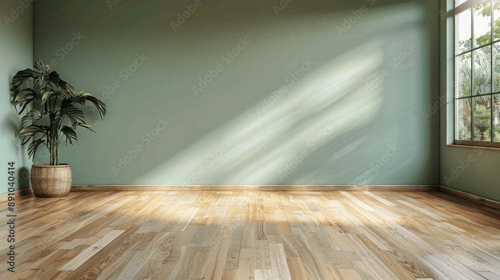 Minimalist Empty Room with Light Green Wall and Wood Floor, Photorealistic Interior Minimalist Empty Room with Light Green Wall and Wood Floor, Photorealistic Interior