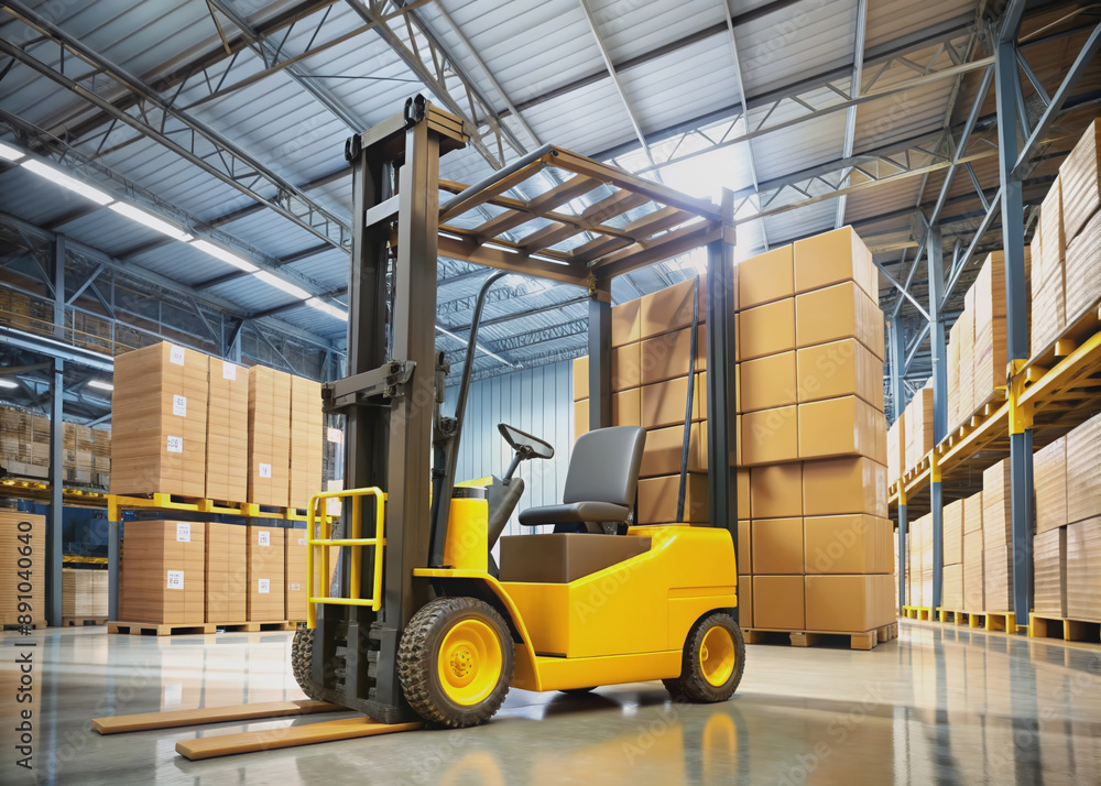 A sleek, yellow forklift stands ready in a vast, organized warehouse, its metal forks raised, ready to lift and transport stacks of cardboard boxes efficiently. A sleek, yellow forklift stands ready in a vast, organized warehouse, its metal forks raised, ready to lift and transport stacks of cardboard boxes efficiently.
