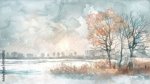 a watercolor painting of a tranquil winter landscape with trees  © Thanthara