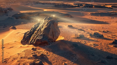 Desert Landscape Featuring a Large, Cracked Boulder Emitting Brilliant Light, Casting Long Shadows Across the Sand Dunes, Highlighting the Stark Contrast Between the Barren Desert and the Vibrant Illu photo