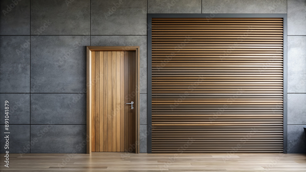 Sleek grey walls backdrop modern door design with horizontal wooden slats, brushed metal handle, and slim glass panel, epitomizing 2023's minimalist chic style. Sleek grey walls backdrop modern door design with horizontal wooden slats, brushed metal handle, and slim glass panel, epitomizing 2023's minimalist chic style.
