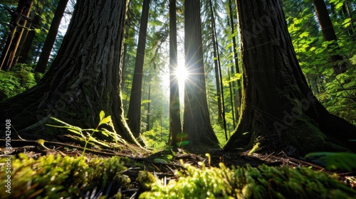 A serene forest with towering ancient trees, sunlight filtering through the dense canopy, highlighting the smallest details of leaves and moss photo