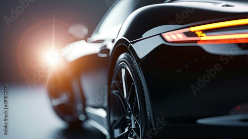 A sleek black sports car with a mirror-like lacquer finish, highlighting every curve and detail under bright lights