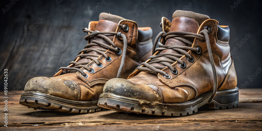 Worn, muddy hiking boots with sweat-stained laces and insoles, exuding a strong odor, sit idle, awaiting a much-needed cleaning and deodorizing treatment. Worn, muddy hiking boots with sweat-stained laces and insoles, exuding a strong odor, sit idle, awaiting a much-needed cleaning and deodorizing treatment.