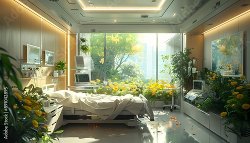 Fototapeta Naklejka Na Ścianę i Meble -  A hospital room with a large window overlooking a garden, the bed is empty