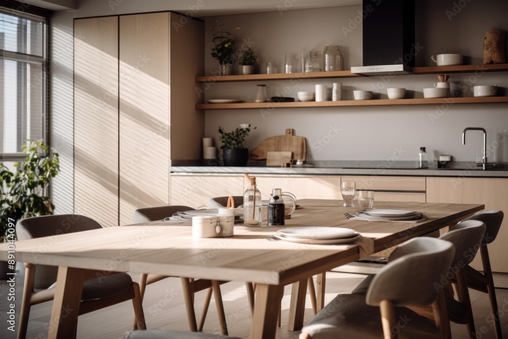 Japandi kitchen, minimal wooden dining table image Japandi kitchen, minimal wooden dining table image