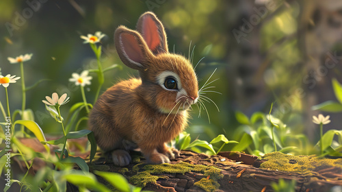 Fabulous Fluffy Animal, Resembling a Bunny, with Kind Big Eyes Sitting on a Log Surrounded by Beautiful Flowers, Capturing a Cute and Whimsical Nature Scene photo