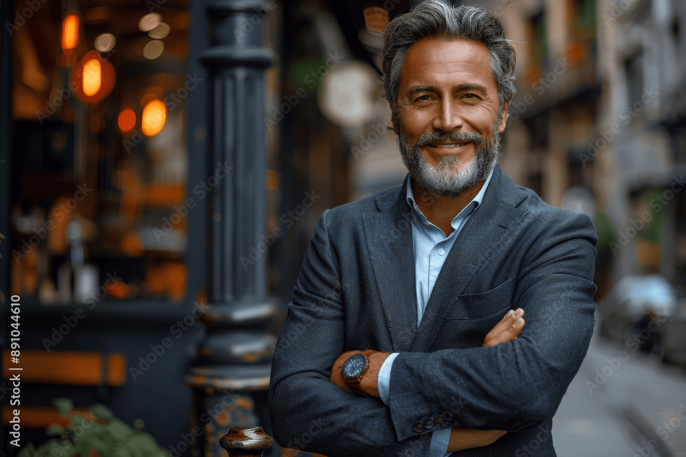 Confident happy senior Latin businessman standing with crossed arms on city street near building smiling in suit and smart watch looking at camera Confident happy senior Latin businessman standing with crossed arms on city street near building smiling in suit and smart watch looking at camera