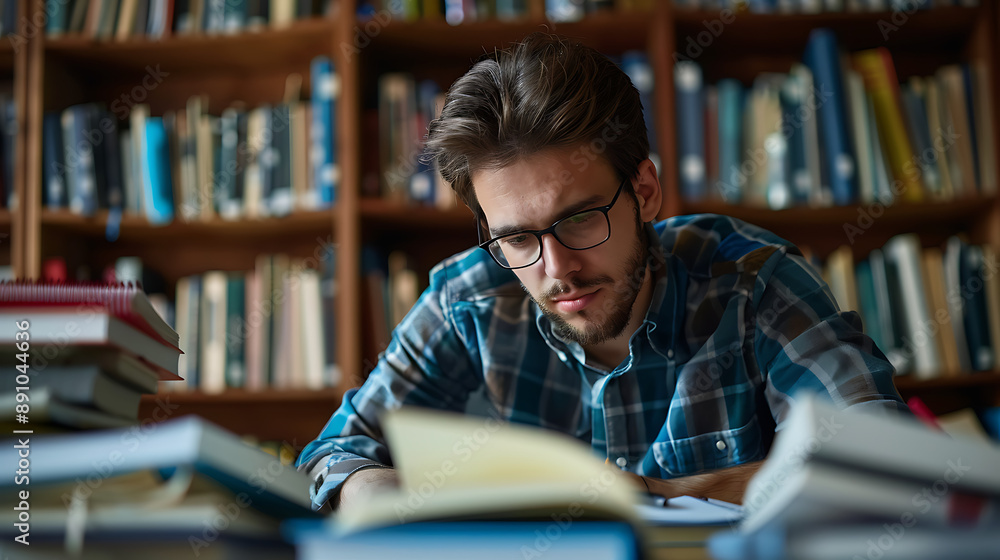 A university student taking notes in a quiet study room, with a stack of textbooks and a focused expression A university student taking notes in a quiet study room, with a stack of textbooks and a focused expression