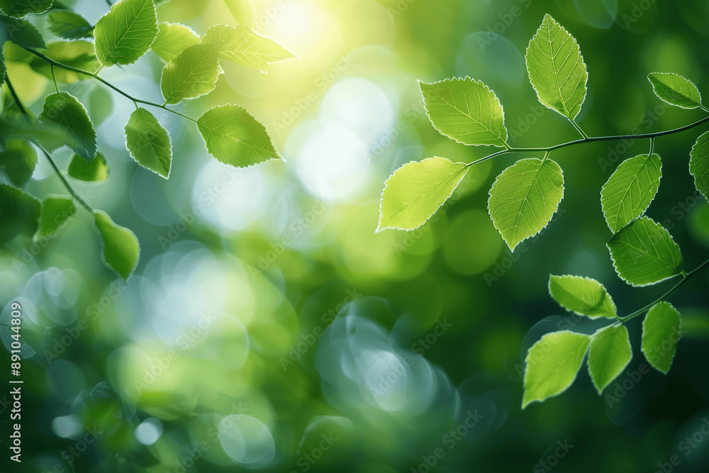 Fresh green leaves with blurred bokeh background on sunny spring or summer day in forest, natural foliage with sun rays and blue sky, ideal for eco-friendly design Fresh green leaves with blurred bokeh background on sunny spring or summer day in forest, natural foliage with sun rays and blue sky, ideal for eco-friendly design