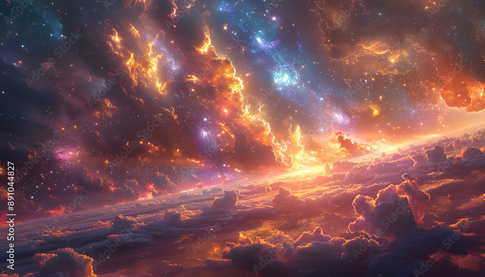 A starry sky with a beautiful sunset and clouds A starry sky with a beautiful sunset and clouds