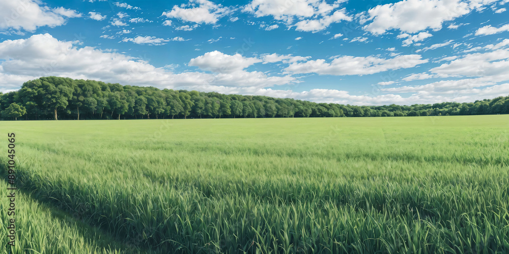 Obraz premium green grass field with blue skies and rolling clouds