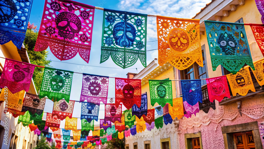 Fototapeta premium Vibrant papel picado banners in traditional Dia de los Muertos colors and intricate designs adorn a street, set against a clean white background, evoking festive atmosphere.